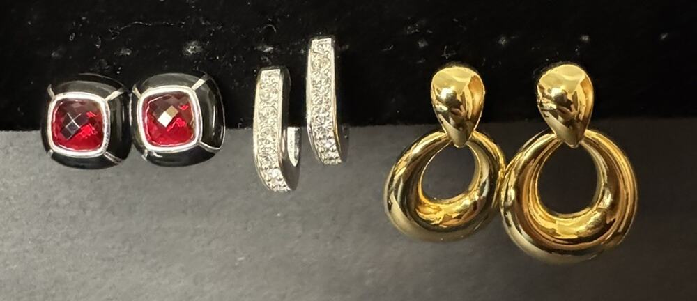 Lot of 3 Vintage Joan Rivers Signed Clip On Earrings Gold Silver Red Enamel Pave